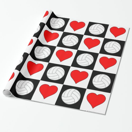 Volleyballs and Hearts Black & White Checkered Wrapping Paper