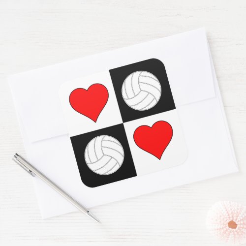 Volleyballs & Hearts Checkered Pattern Cute Sports Square Sticker