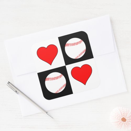 Baseballs & Hearts Pattern Baseball Player Party Square Sticker