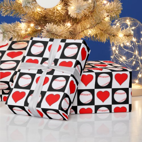 Baseballs & Hearts Pattern Baseball Player Sports  Wrapping Paper