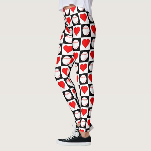 Cute Baseballs and Hearts Black and White Pattern Leggings