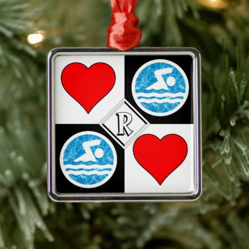Swimmer Custom Initial Swimming Diving Christmas Metal Ornament